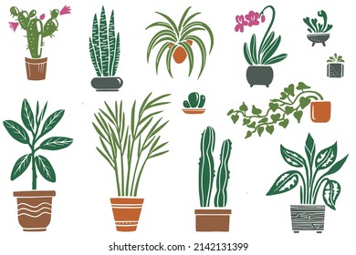 Set of home flowers  in pots. Vector silhouette illustration for flower shop, sketchbook, cover designs. Room flowers on white background.