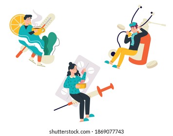 Set of home flu treatment. People doing home therapy procedures, drink hot tea and pills. Treatment process at home concept. Vector illustration design