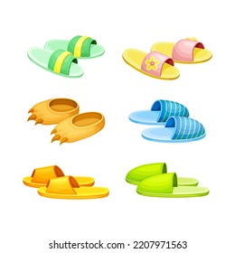 Set Of Home Footwear. Soft Textile Comfortable Footwear Cartoon Vector Illustration