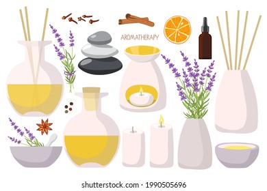 Set of home fragrance kit. Aroma diffusers, essential oil in bottle, lavender plant, balance stones, mortar, pestle, candles, aromatic spices for wellness, beauty, spa, health Homeopathy, aromatherapy