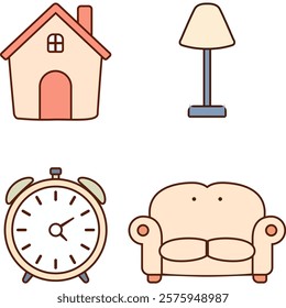 Set of home funy furniture icons in flat style