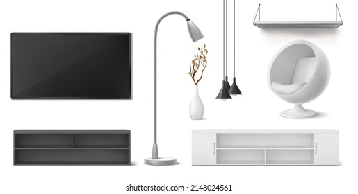 Set of home furniture, appliances, decor and electric devices. Isolated mockup television stand, tv set, floor and ceiling lamps, ball chair, plant in vase and shelf, Realistic 3d vector illustration