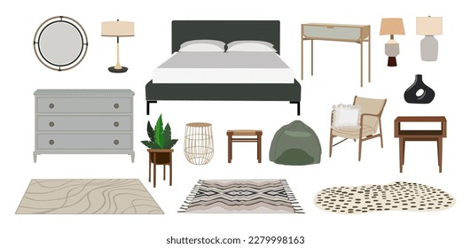 Set of home furniture, bedroom interior decor.