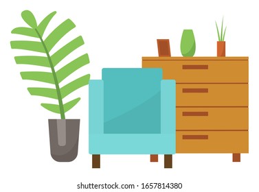 Set of home furniture and decor for flat or house. Armchair with blue textile on it and wooden chest with vase and frame. Green plant with palm leaf in grey pot. Vector illustration