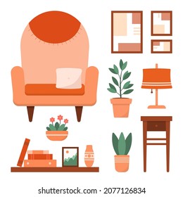 Set of home furniture, interior decor, and house plants for living room. Armchair, coffee table, lamp, pictures and shelve. Flat vector illustration isolated on white background.