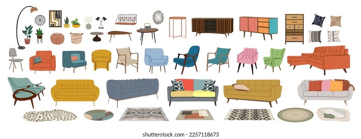 Set of home furniture, interior decor, house plants for living room. Armchair, sofa, coffee table, mirror, carpet, clock, chair, lamps, wall art. Flat vector illustration isolated on white background.