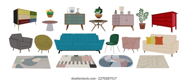 Set of home furniture, interior decor vector icons