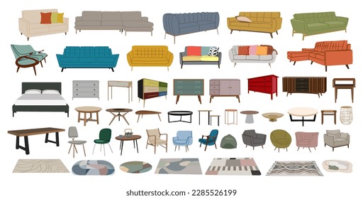 Set of home furniture, interior decor vector icons