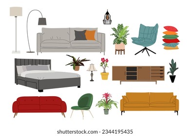 Set of home furniture, interior decor, house plants for living room, bedroom. Armchair, sofa, bed, chair, lamps, pillows, chest of drawer. Flat vector illustration isolated on white background