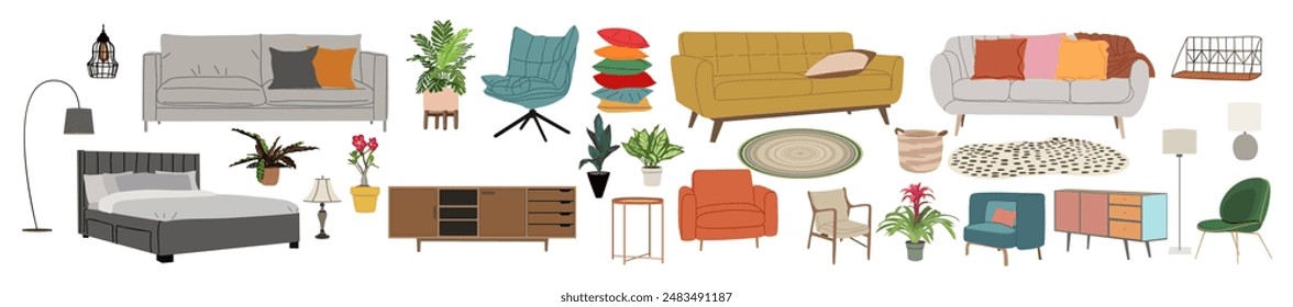 Conjunto de muebles para el hogar, decoración interior, plantas de la casa para la sala de estar, dormitorio. Sillón, sofá, cama, silla, lámparas, almohadas, cajón. Ilustración plana de Vector aislada sobre fondo blanco.