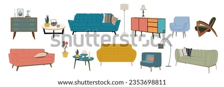 Set of home furniture, interior decor, house plants for living room in mid century style. Armchair, sofa, table, chest of drawers, lamps. Flat vector illustrations isolated on white background