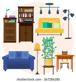 Set of home furniture for interior. Vector illustration of home furniture and stuff. Sofa and bookshelf, chair with plant and table, floor lamp and chandelier