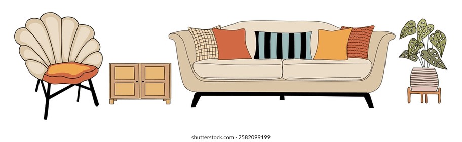 Set of home furniture for living room in retro mid century modern style. Sofa, armchair, potted plant interior design elements. Flat colored outline vector illustrations isolated on white background