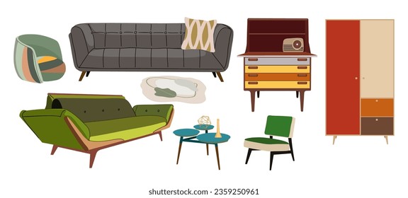 Set of home furniture, vintage interior decor for living room. Armchair, sofa, couch, coffee table, closet, cabinet, cupboard in Mid Century modern retro style. Vector illustration isolated on white