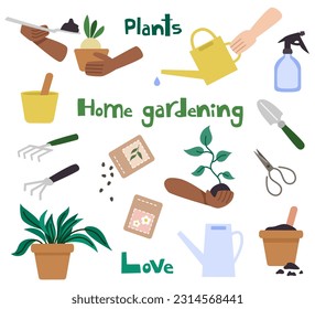 Set of home gardening elements design in flat style. Plants in pots, seeds, watering can, garden tools. Hands holding a plant.