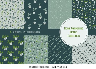 Set of home gardening seamless patterns. Houseplants, tools, simple textures. Vector illustrations of garden elements. Cute minimalistic style retro backgrounds.