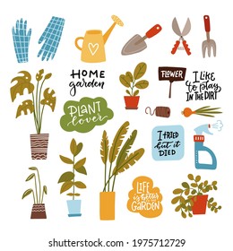 Set of home gardening tools isolated on white background. Bundle of equipment for agricultural work, houseplant cultivation or transplantation, work in home garden. Flat cartoon vector illustration.