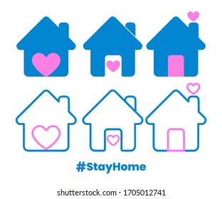 Un hogar con forma de corazón diseñado como un logotipo o icono. este diseño para la campaña de prevención de la enfermedad del coronavirus. el concepto de diseño muestra mensajes a la gente para quedarse en casa