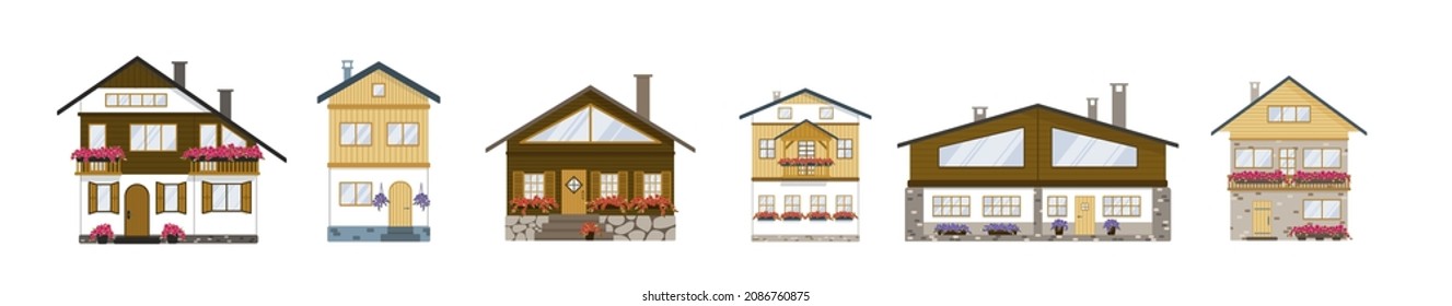 Сhalet set. Home in the high country. Swiss cottage. Cozy wooden Alpine house in summer with petunia. Home in the high country. Isolated vector stock illustration EPS 10 on white background 