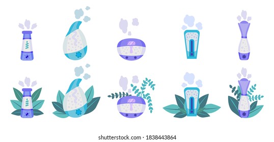 Set of Home humidifier for room.Healthy humidifiers vector icons for web design isolated  a white background.Concept of an air purifier device surrounded by leaves.Vector illustration in flat style. 