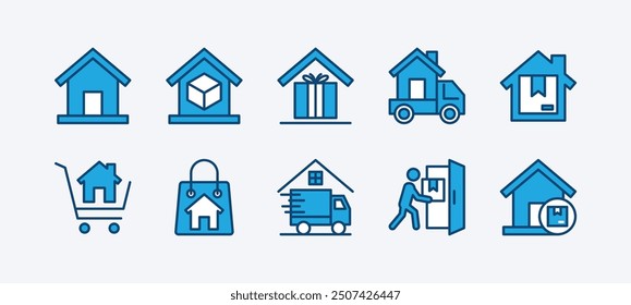 Set of home icon. Containing house delivery, shipping, shipment, package, packet, parcel, gift, cardboard box, courier, buy house with shopping cart, bag, cargo truck. Vector illustration