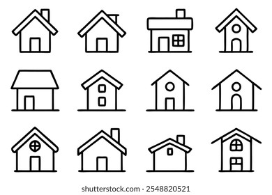 Conjunto de iconos de casa que representan diferentes diseños de la casa. Ideal para temas de bienes raíces, alquileres y mejoras para el hogar. Ilustraciones vectoriales sencillas para un uso versátil.