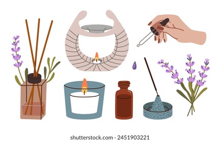 Set of home incense, lavender. Aromatherapy. Lavender flowers, herb, bunch, bouquet.