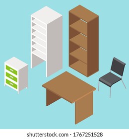 Set of home interior furniture pieces. Wooden bookshelf, white cupboard, table or office desk, black chair, nightstand or chest of drawers vector illustration