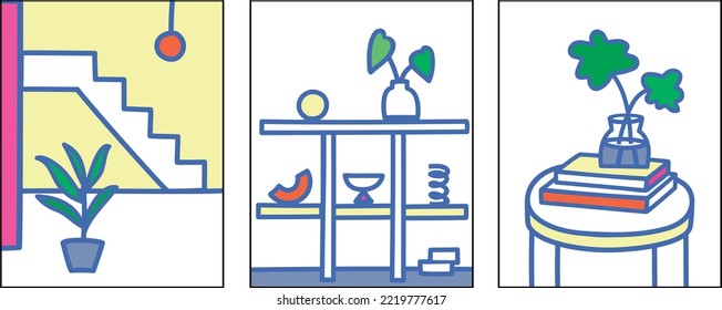Conjunto de ilustraciones interiores domésticas. Verde, escaleras, luz, estante, mobiliario, jarrón, silla, habitación. Diseño de líneas y colores simples.