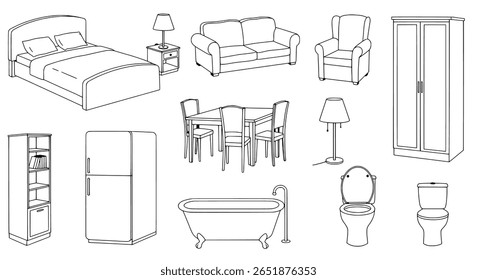 Um conjunto de ícones da linha interior da casa. Uma simples coleção de móveis e símbolos de decoração de sala, incluindo itens de sala e quarto.