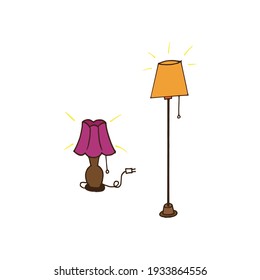 set of home interiors on white background. desk lamp and stand lamp icon. modern furniture. home decoration. hand drawn vector. doodle art for logo, sticker, label, clipart, poster, banner, advert. 