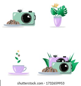 Set of home items with leaves.
Morning coffee with a camera and monstera leaves.
Vector isolated illustration on a white background.