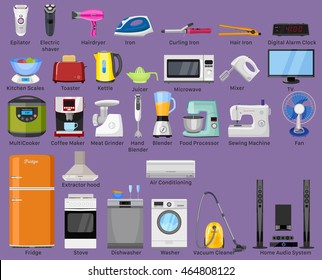 Set of Home, Kitchen and house electronics appliances. Various household equipment and facilities - major and small appliances, consumer electronics, kitchenware.