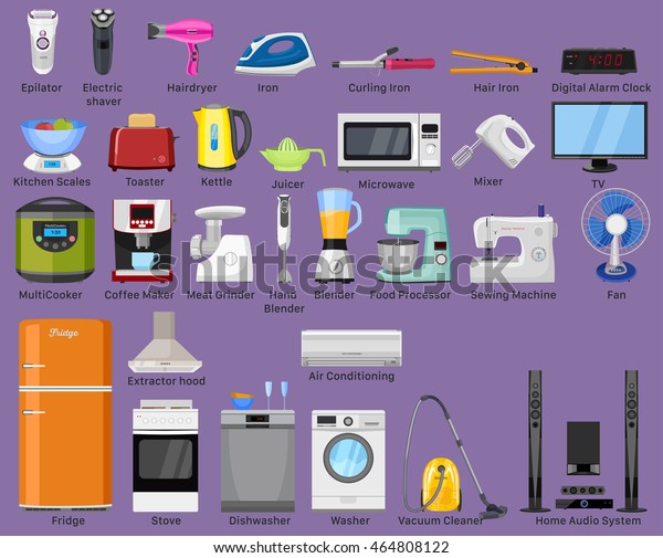 Set of Home, Kitchen\
and house electronics appliances. Various household equipment and\
facilities - major and small appliances, consumer electronics,\
kitchenware.
