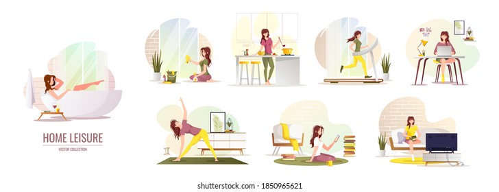 Set of home leisure scenes. Stay home concept. Woman cleaning home, doing yoga exercise, reading book, working, watching TV, taking bath, running on a treadmill, cooking food. Vector illustration.