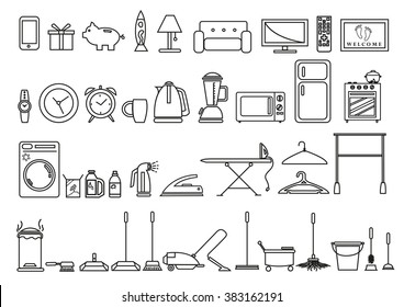 Set of Home and Lifestyle Tools and Objects in Outline Art Style. Editable Clip Art.