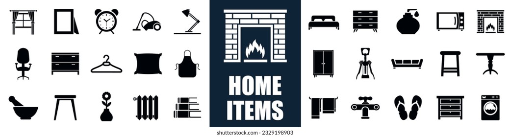 Set home living interior furniture icons, house decor, bathroom, bedroom, home furniture, decoration items – stock vector