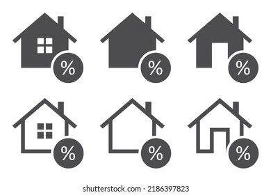 Set Of Home Loan Icons. Home With Percentage Sign, Real Estate Insurance. Mortgage Refinance Symbol, Real Estate Investment Icon. House Finance. Vector.