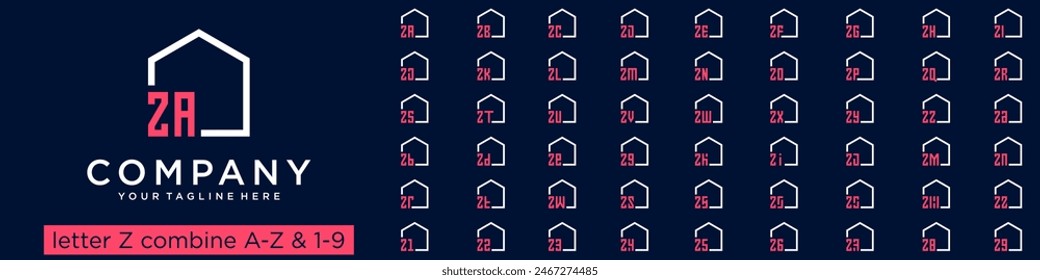 set of home logo design combined letter Z with A to Z and numbers from 1 to 9. vector illustration