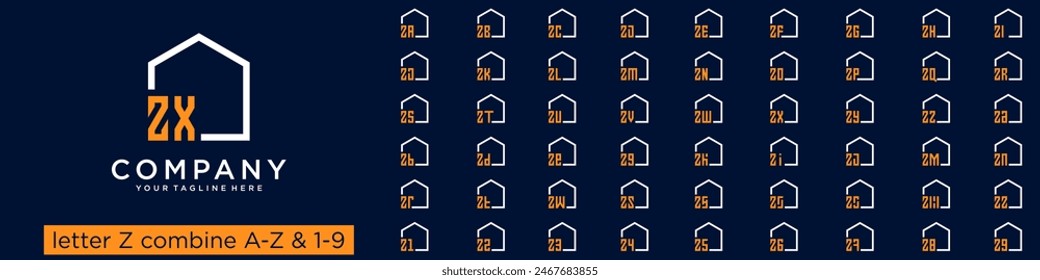 Conjunto de diseño de logotipo de la casa combinado de la letra Z con la A a la Z y los números del 1 al 9. Ilustración vectorial