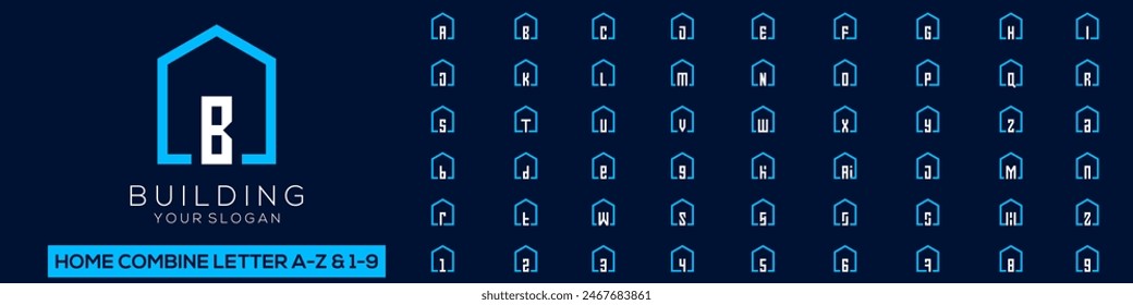 set of home logo design combined letter A to Z and numbers from 1 to 9. vector illustration