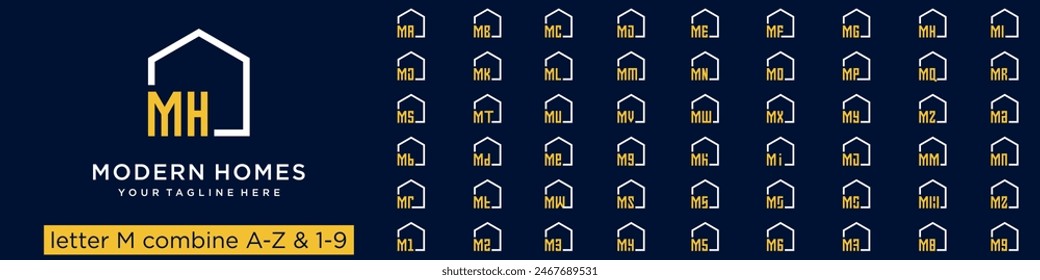 set of home logo design combined letter M with A to Z and numbers from 1 to 9. vector illustration