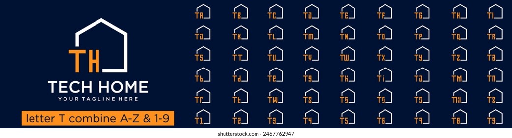 Conjunto de diseño de logotipo de la casa combinado de la letra T con la A a la Z y los números del 1 al 9. Ilustración vectorial