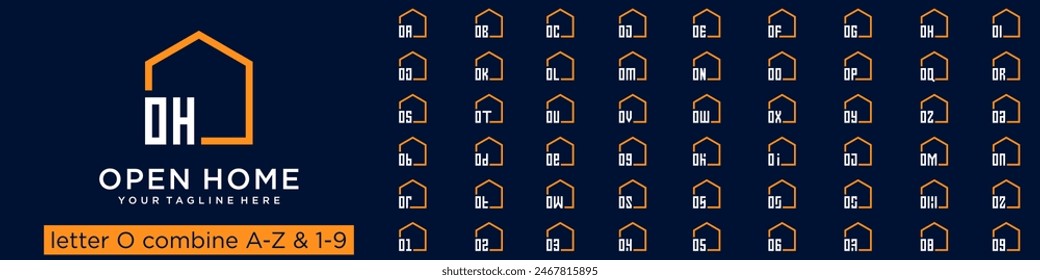 set of home logo design combined letter O with A to Z and numbers from 1 to 9. vector illustration