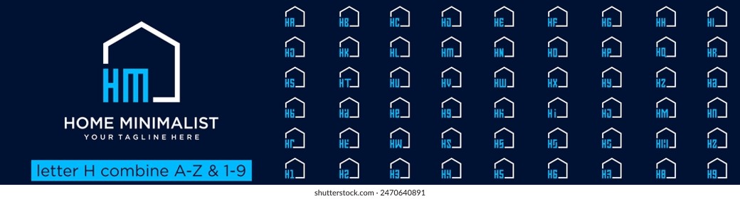 Conjunto de diseño de logotipo de la casa combinado de la letra H con la A a la Z y los números del 1 al 9. Ilustración vectorial