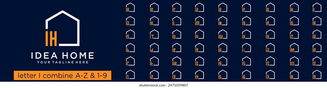 Satz des Heimlogo-Designs kombiniert Buchstaben I mit A bis Z und Zahlen von 1 bis 9. Vektorillustration