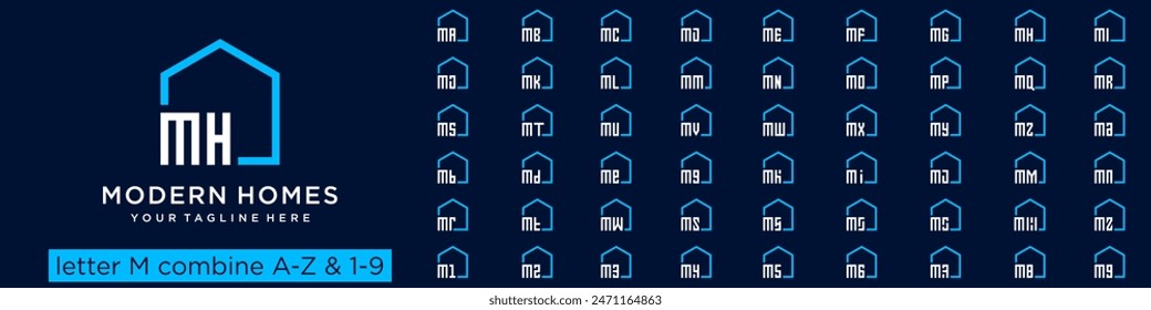 Conjunto de diseño de logotipo de la casa combinado de la letra M con la A a la Z y los números del 1 al 9. Ilustración vectorial
