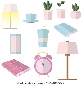 Set home logo icon Blue cup, pink book, blue notebook, windy clipart, Lamp, paper cup, flower in a pot, blue glass, pink alarm clock, home sweet home
