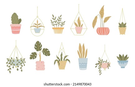 Set of home Macrame hangers for plants in Flowerpot. Trendy hand drawn houseplant in pot. Vector isolated illustration on white background