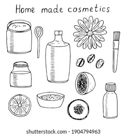 Set of home made cosmetics, vector doodle illustration, jars, spoon, brush and products